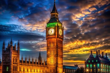 Obraz premium London Night Photography: Big Ben Illuminated, Night Cityscape, Landmark, British Architecture, Night View
