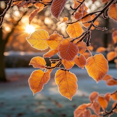 Obraz premium Frosted Autumn Leaves with Morning Light and Winter Vibes