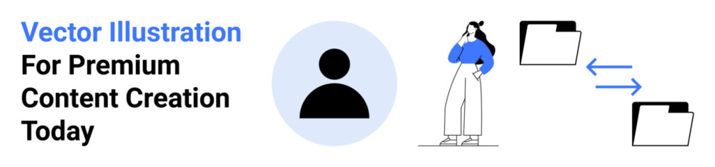 Person standing thoughtfully, two folders connected by arrows, avatar icon. Ideal for teamwork, data sharing, file management, collaboration tools, communication, productivity tips flat landing page