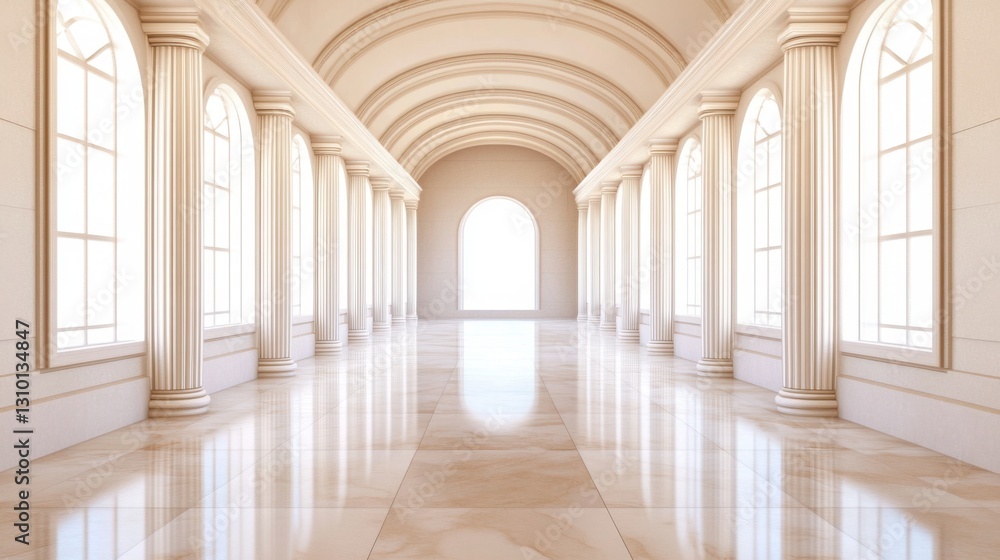 Poster a grand empty hallway with towering classical columns and intricate ceiling moldings
