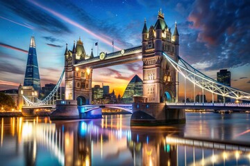Obraz premium London Tower Bridge Night Timelapse Double Exposure Vertical Photography - City Skyline