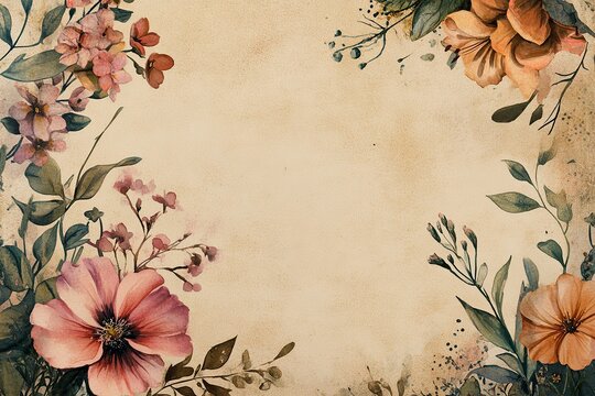 Vintage botanical frame with hand-painted watercolor flowers and elegant aged paper background