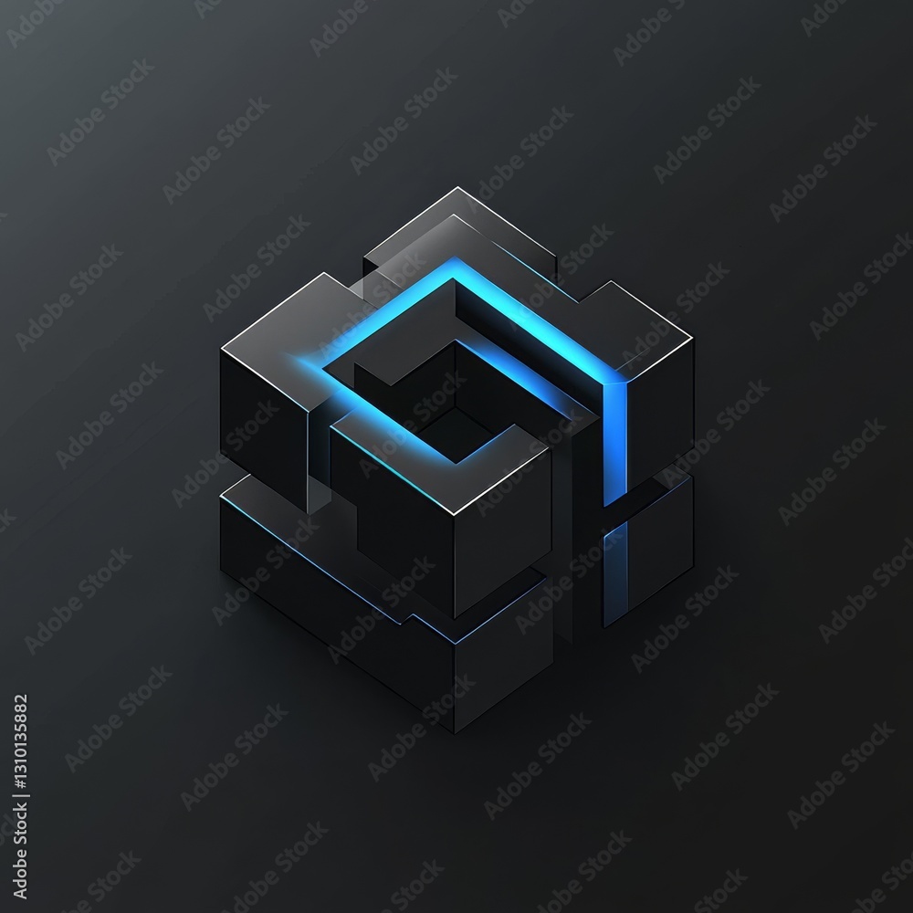 Poster Abstract Illuminated Cube: Geometric 3D Design with Glowing Blue Light Accents on a Dark Background