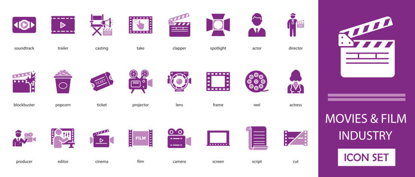  Movies and film industry icon set. with  Reel, spotlight, actor, movie, trailer, cinema, , and more filled icon collection   