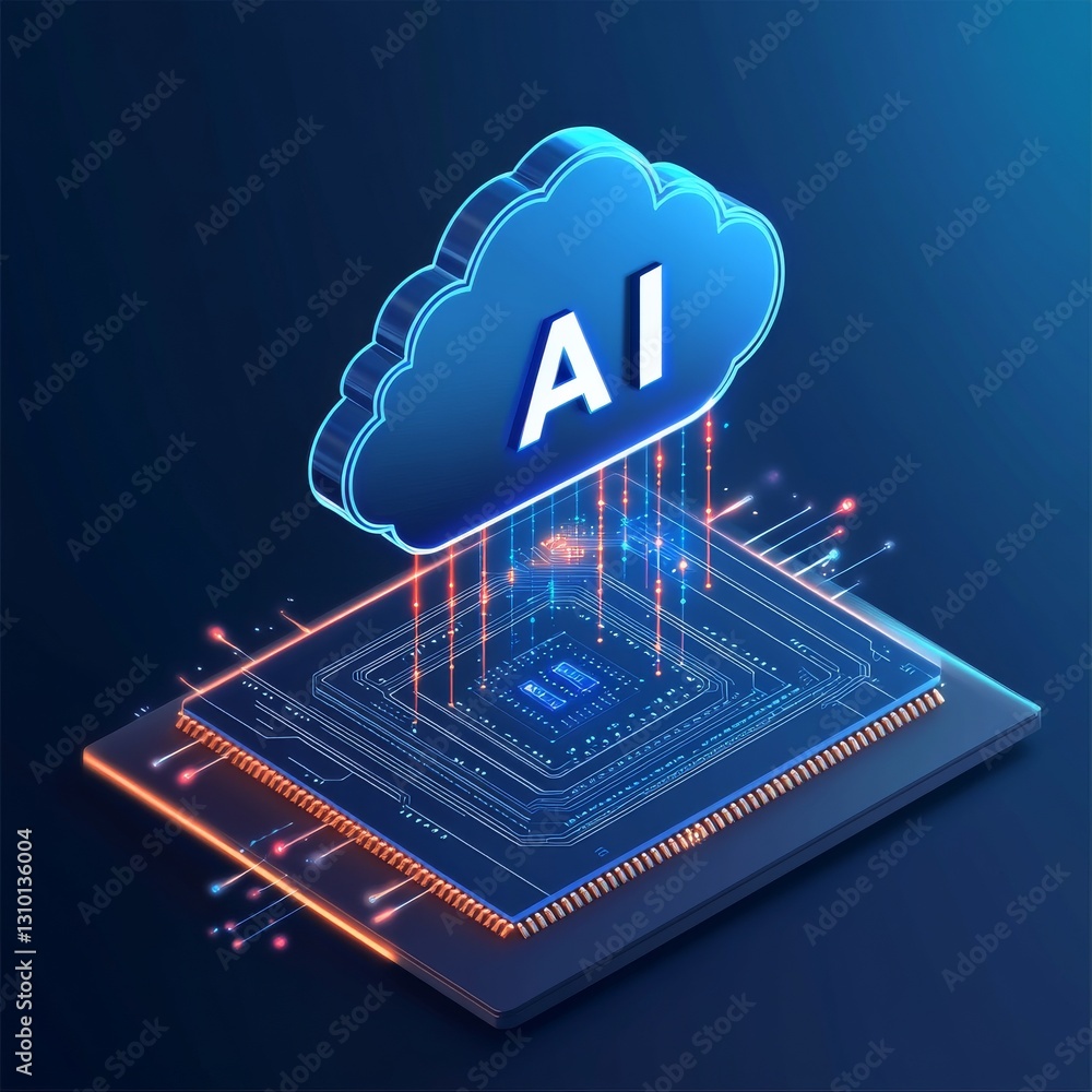 Leinwandbilder AI Cloud Computing: Conceptual Isometric Illustration of Artificial Intelligence, Data Processing, and High-Tech Integration.