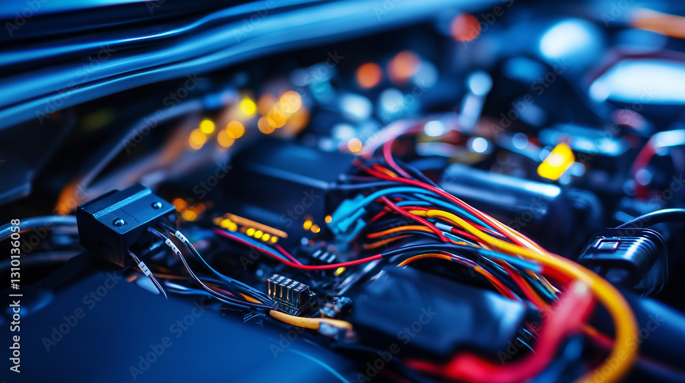 Poster close-up of intricate vehicle electronic wiring and control systems, showcasing a network of multico