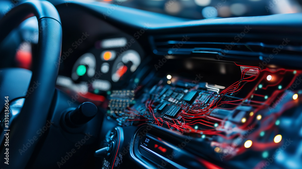 Poster close-up of intricate vehicle electronic wiring and control systems, showcasing a network of multico