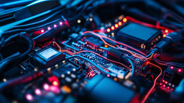 Close-up of intricate vehicle electronic wiring and control systems, showcasing a network of multicolored cables, microchips, and connectors inside a car's dashboard.