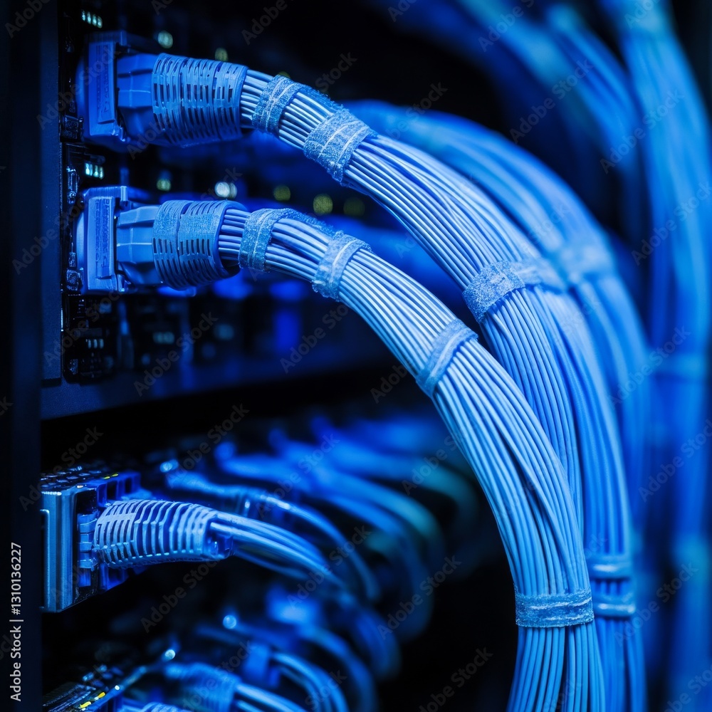Poster blue ethernet cables connecting a network switch: data center infrastructure connectivity