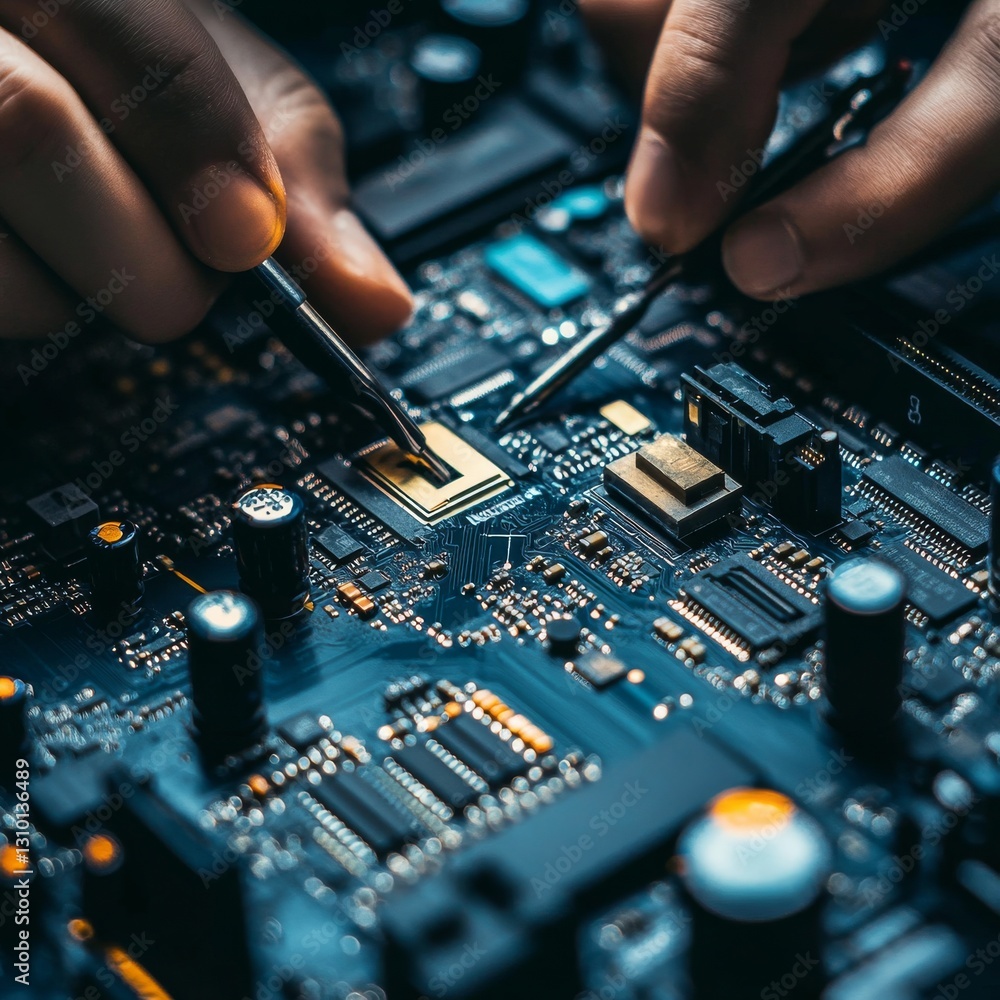 Poster Close-up of Electronics Technician Repairing a Circuit Board with Tweezers, Precise Work and Advanced Technology