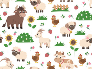 Fototapeta premium Cartoon kids seamless pattern farm animals. Livestock and poultry, bushes, flowers and fence. Rustic cute background with bushes, grass and flowers. White background.