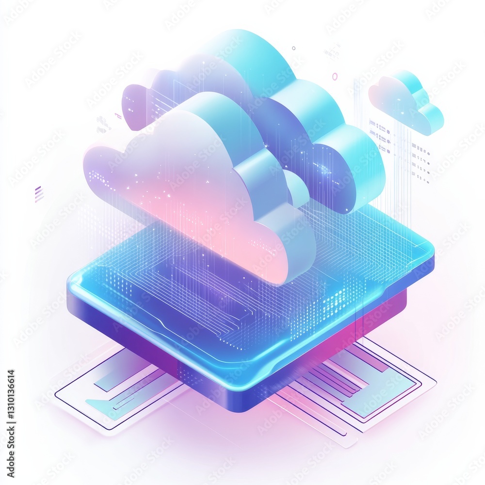 Fototapete Cloud Computing Infrastructure: Abstract Isometric Design with Layered Platforms and Data Flow