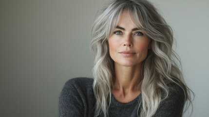 Naklejka premium A mature woman with beautiful silver hair radiates confidence and grace. She stands against a soft, neutral backdrop, embodying elegance and poise in a well-lit space