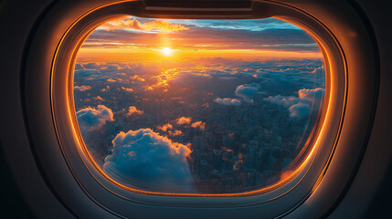 Naklejka premium Gorgeous sunset light filters through clouds as seen from an airplane window, illuminating the cityscape below, creating a tranquil and breathtaking atmosphere