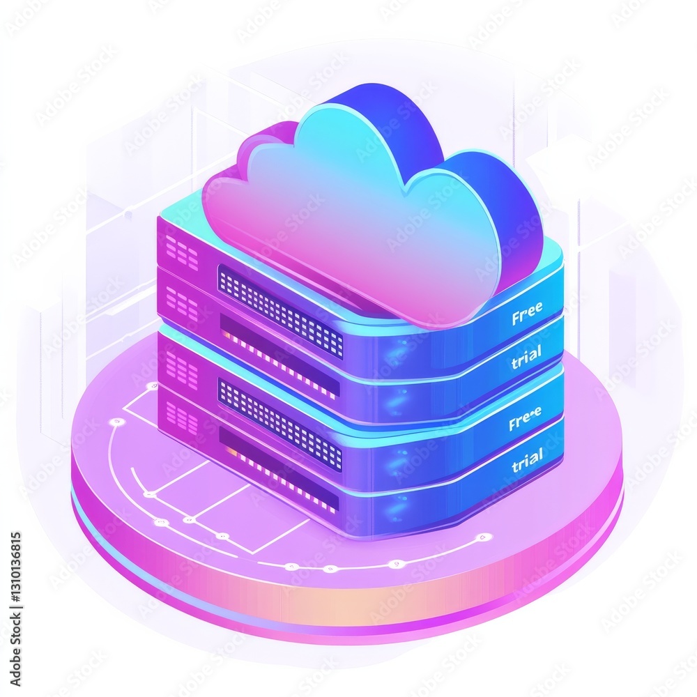 Fototapete cloud computing platform for free trial access: data servers with cloud icon on a platform in violet
