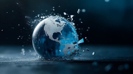 A glass-like globe shattering into countless pieces, with dust and debris scattering, symbolizing the delicate state of global stability.