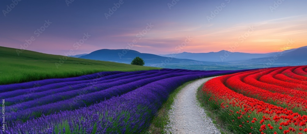 Poster a winding footpath meanders through endless fields of lavender, dotted with bright red poppies.