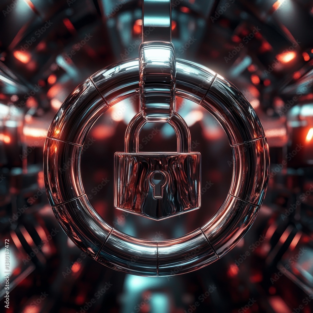 Fototapete Cyberpunk Security: High-Tech Lock and Ring Reflecting a Futuristic World of Secure Data and Digital Fortification