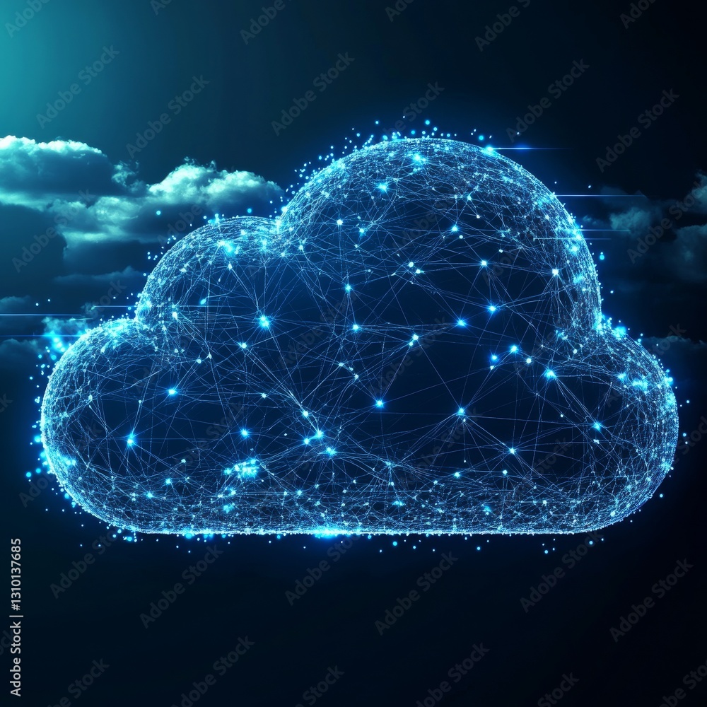 Poster digital cloud network: glowing connections and modern cloud computing technology in a dark environme