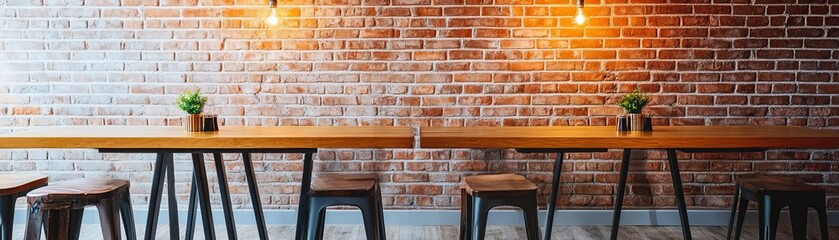 Industrial loft cafe interior with exposed brick walls, wooden tables, metal chairs, and warm pendant lighting