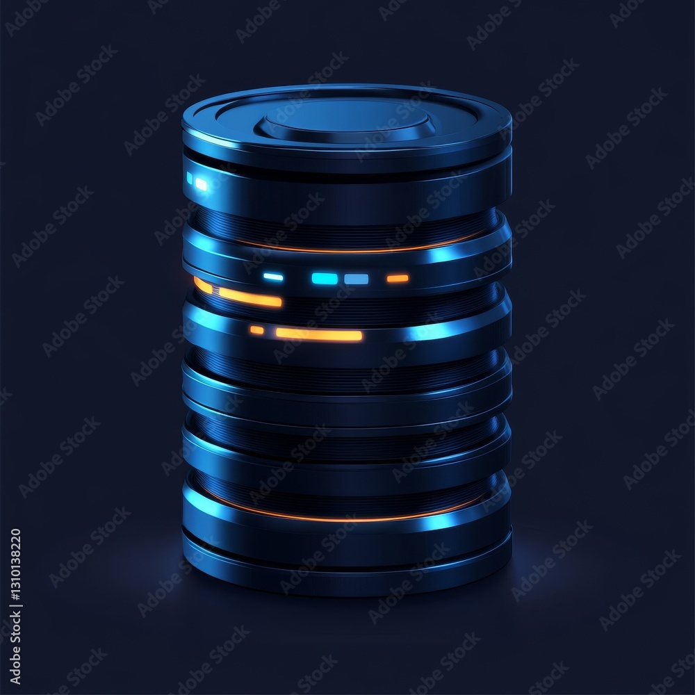 Poster Futuristic Database Server with Glowing Lights: Data Storage and Processing Illustration