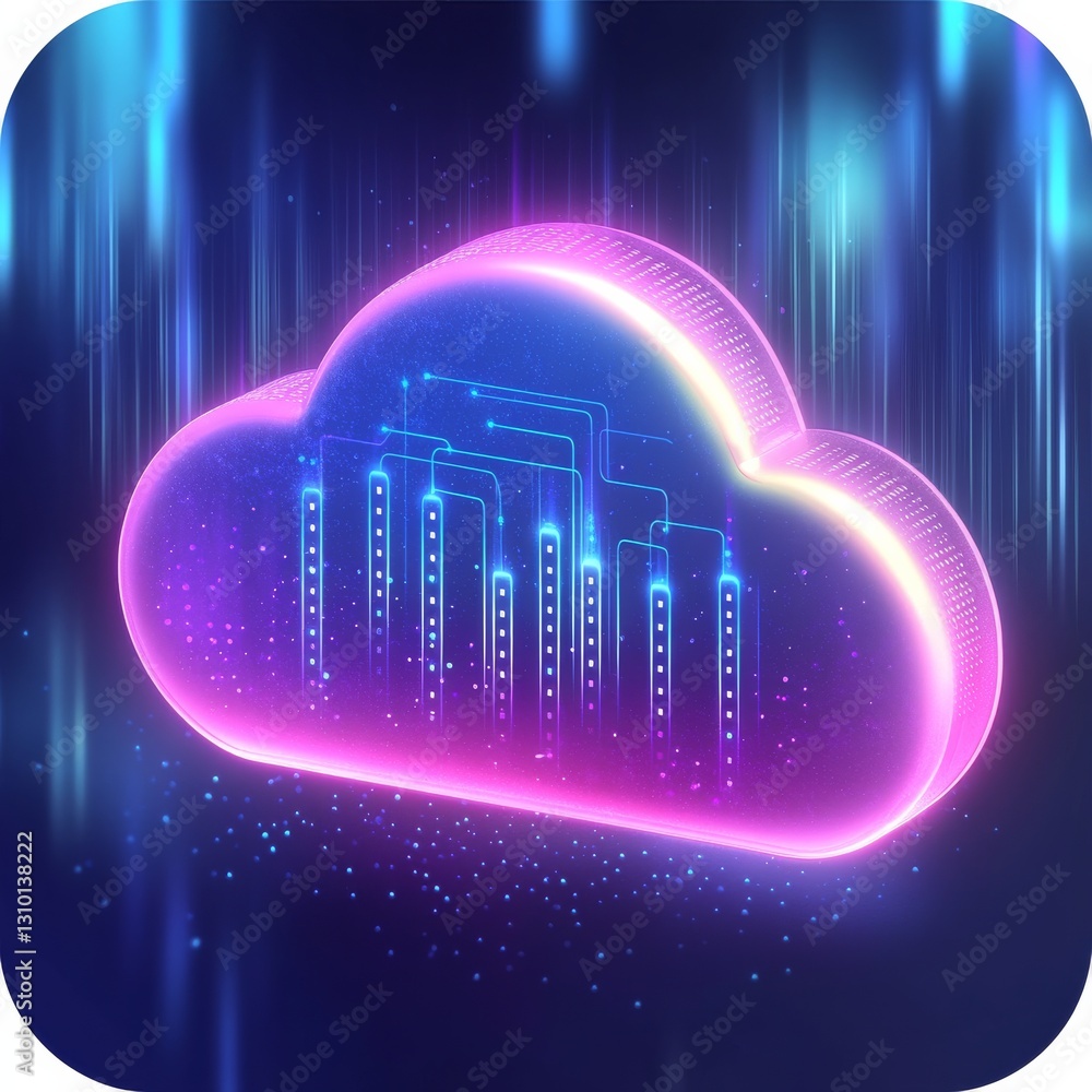 Poster futuristic cloud computing: a digital cloud with bright neon lights and high-tech data connections