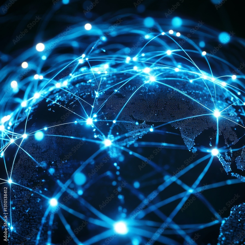 Leinwandbilder global network: blue digital globe with interconnected lines representing communication and technolo