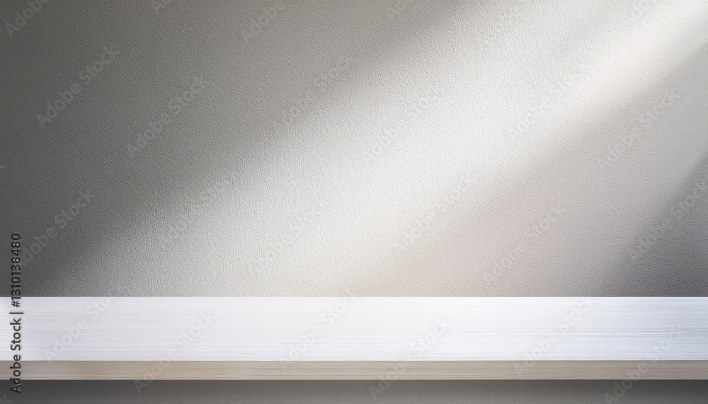 Poster striking minimalist composition an empty white shelf against a vast, open background, echoing the ze