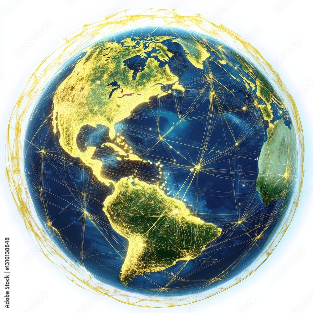 Poster Global Network Visualization: Earth with Interconnected Lines and City Lights, showcasing worldwide connections.