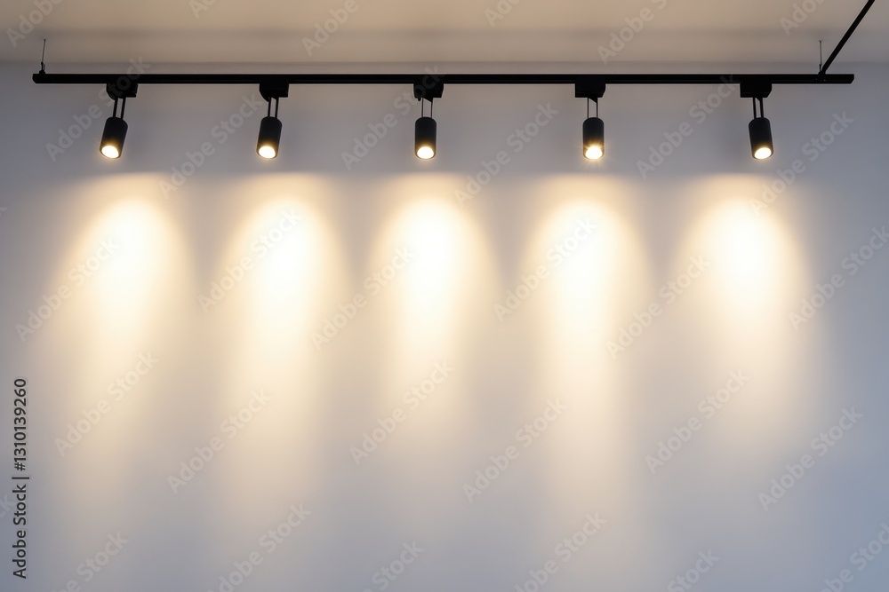 Poster minimalist white wall with adjustable track lighting, creating a well-lit display. ideal for gallery