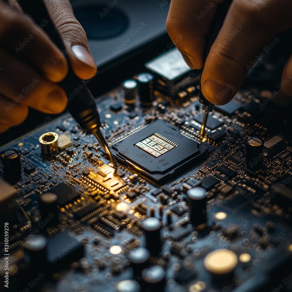 Poster Precision Electronics: Hands Inspecting a Computer Chip with Intricate Details and Advanced Technology 
