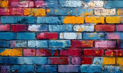 Fototapeta premium Colorful Painted Brick Wall Texture with Vibrant Hues and Rough Surface