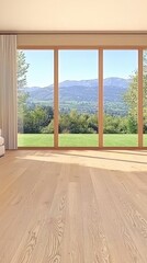 Fototapeta premium Spacious room with large windows, mountain view, interior design, living space, home