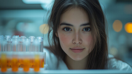 A laboratory assistant efficiently organizes colorful test tubes and prepares for experiments in a well-equipped lab setting, showcasing attention to detail and scientific method