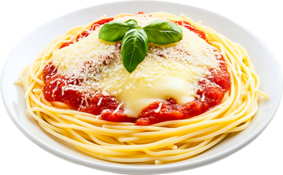 Un plato de pasta fresa espagueti con tomate, queso y albahaca sobre fondo transparente
