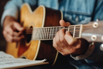 Fototapeta premium Acoustic Guitar Performance: Musician Strumming Strings in Cozy Setting