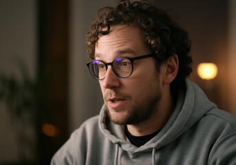 Obraz premium Man with curly hair wearing glasses and a hoodie, engaged in conversation