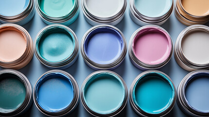 Fototapeta premium Various tiny paint cans showcase an array of colors during a house renovation. The organized display highlights options for walls and decor while enhancing the design process