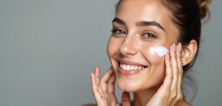 Fototapeta Smiling young woman applying facial cream on cheek. Close-up beauty portrait demonstrates skincare product. Girl touches face. Skincare wellness concept. Design for banner with copy space, cosmetic