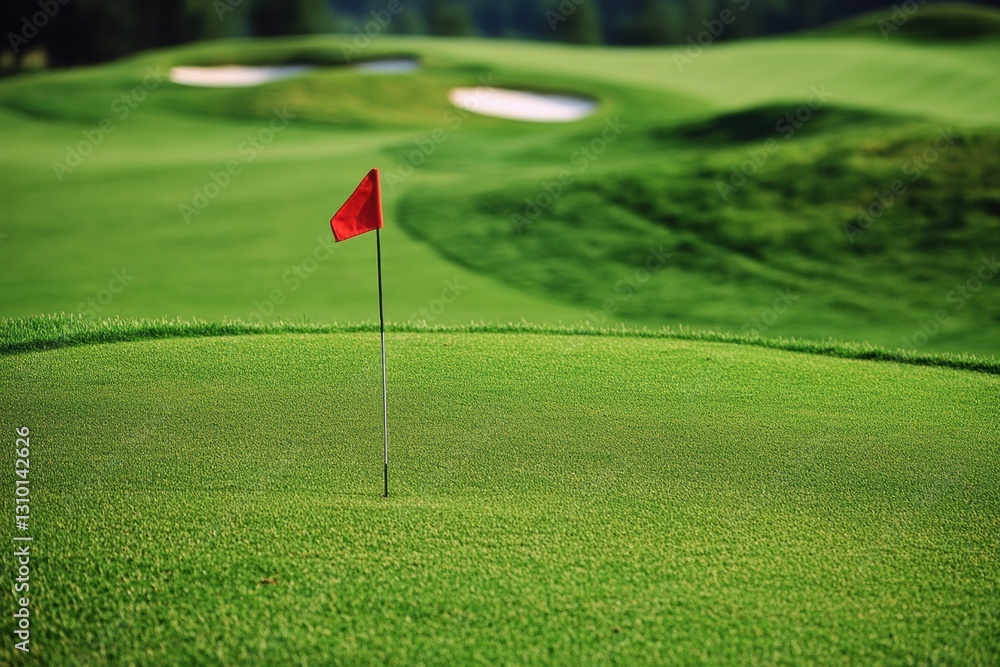 Poster serene golf course with a vibrant flag marking the hole and rolling green hills in the background ge