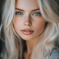 Naklejka premium A stunning close-up portrait of a young woman with platinum blonde hair, piercing blue eyes, and radiant skin. Her soft gaze and natural beauty create a modern and elegant look.