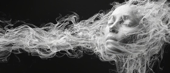 A spectral representation of a human figure emerges from swirling mist, face serene and calm, suggesting an otherworldly presence in a shadowy environment.