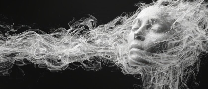 A spectral representation of a human figure emerges from swirling mist, face serene and calm, suggesting an otherworldly presence in a shadowy environment.