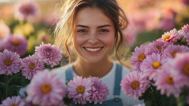 In a blooming field at sunset, a young florist farmer is happily picking purple flowers. Sunlight casts a warm glow, highlighting her joyful expression among the colorful blossoms