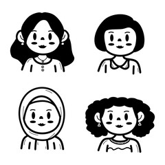 Set Of Cute Cartoon Hand-Drawn Women Characters