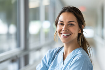 Young latina nurse on nurses day. Smiling healthcare professional in scrubs standing in a modern medical facility hallway. Hospital female worker