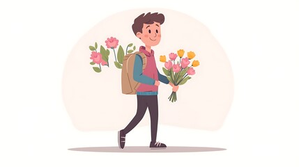 Boy walking, flowers, backpack, spring