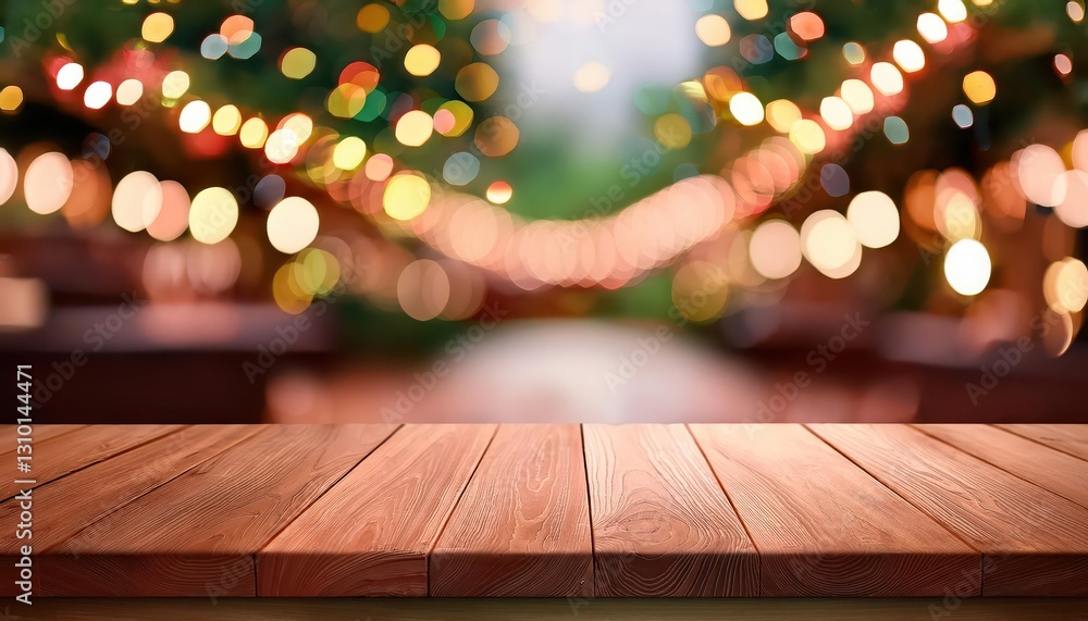 Poster empty wooden surface against bokeh blurred background with a mystical aura at twilight