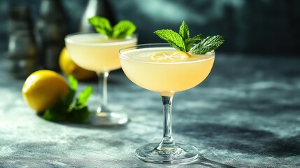 Fototapeta premium Two elegant cocktails garnished with lemon and mint.