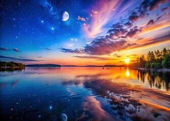 Obraz premium Macro Moonlit Sunset Reflection, Serene Twilight, Starry Night Sky Photography